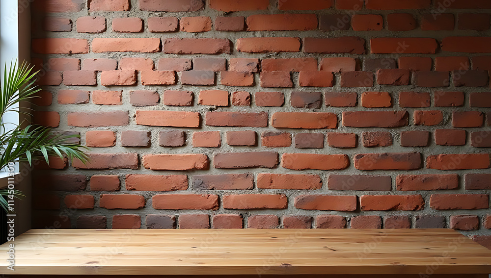 Aufkleber a wooden table features a brown brick wall backdrop suitable for displaying products or creating key