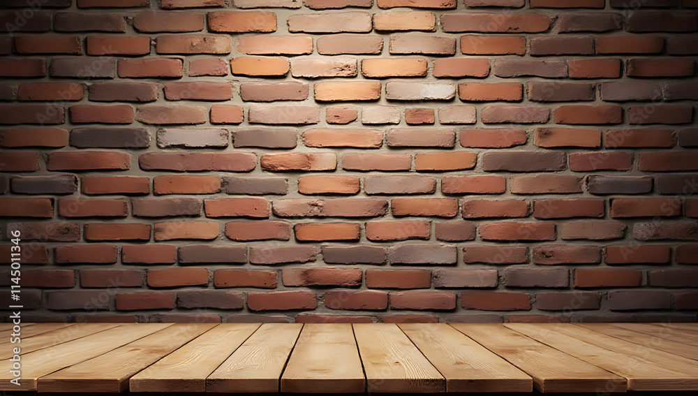 Leinwandbilder a wooden table features a brown brick wall backdrop suitable for displaying products or creating key