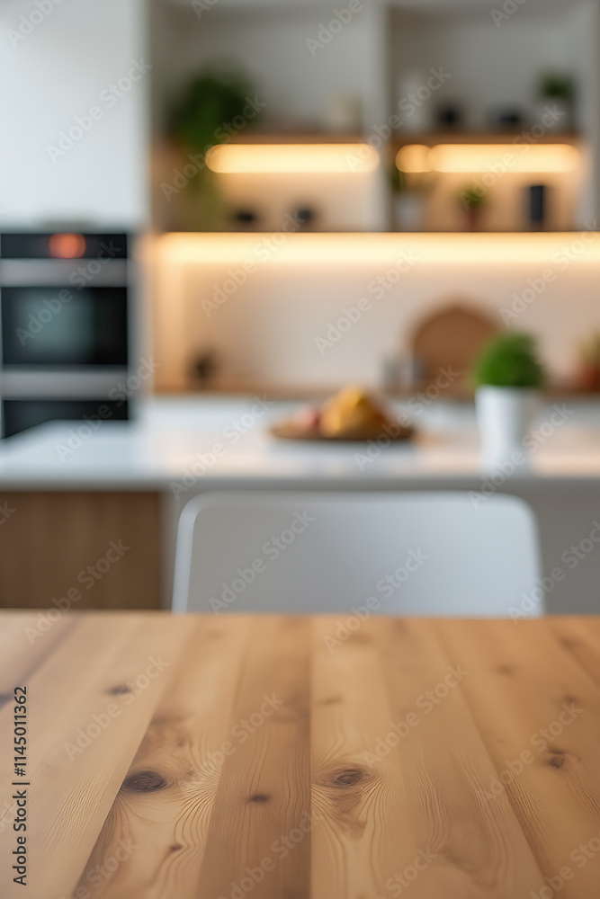 Poster a wooden table and counter island are featured in a blurry kitchen room setting for product display 