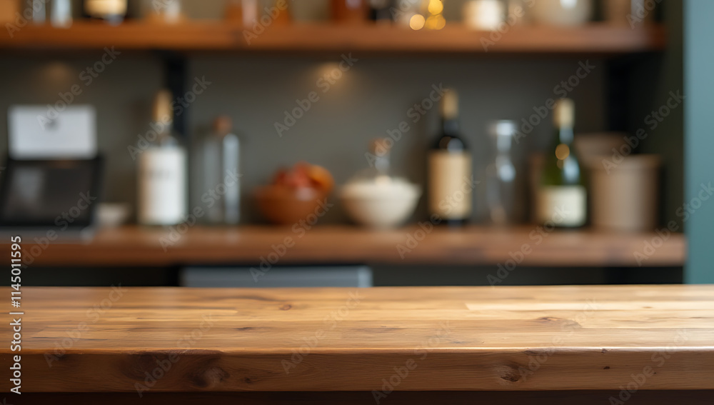 Poster A wooden counter has a blurred image of a bottle in the background on an empty surface next to it._00003_