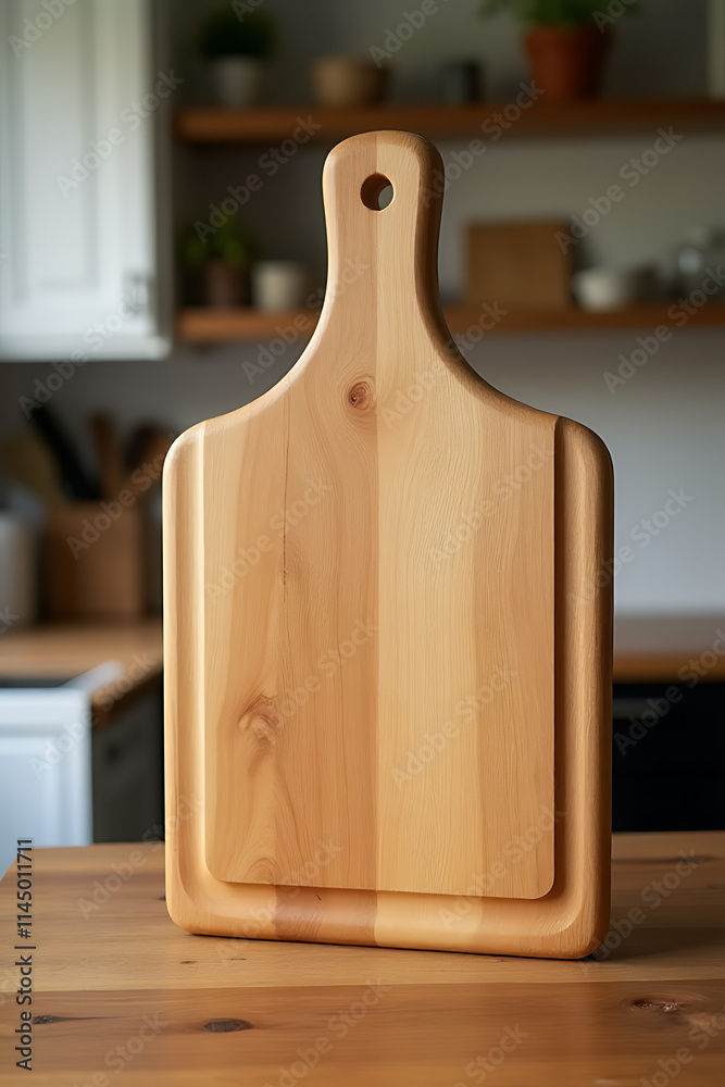 Poster a wooden chopping board rests against a rustic endgrain wood table or kitchen counter with its backg