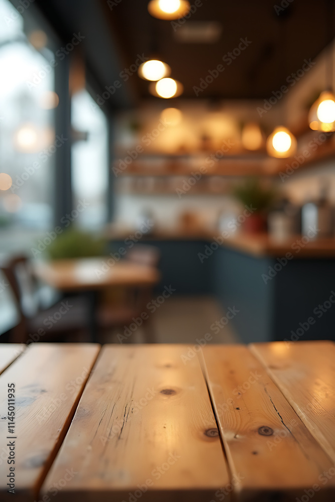 Poster a wood tabletop in a blur of a coffee shop cafe background is ideal for product display and visual l