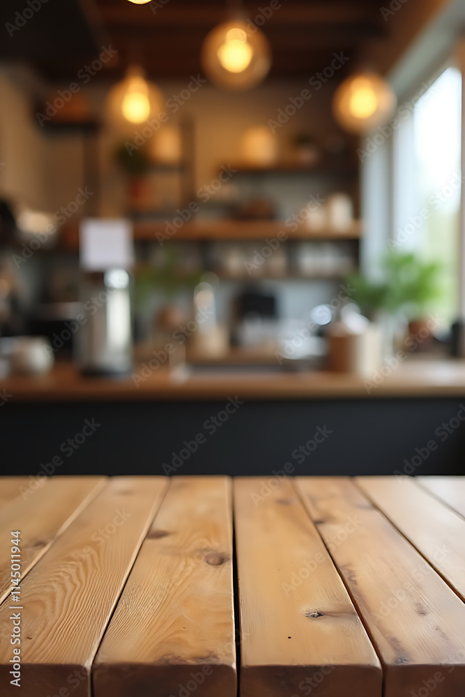 Poster a wood tabletop in a blur of a coffee shop cafe background is ideal for product display and visual l
