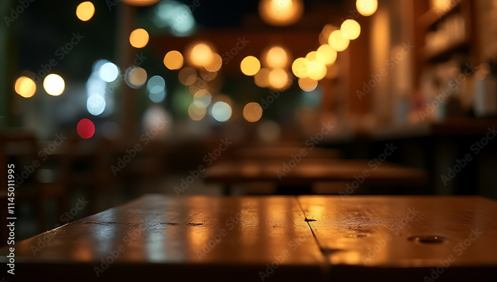 Poster a wood table with a blurred light bokeh effect in a dark night setting of a restaurant or cafe._0000