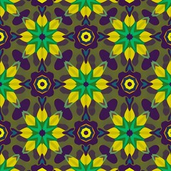 Fototapeta premium Intricate Floral Pattern: Green, Yellow, and Purple Mandala Pattern: This seamless pattern features intricate floral designs in shades of green, yellow, and purple.