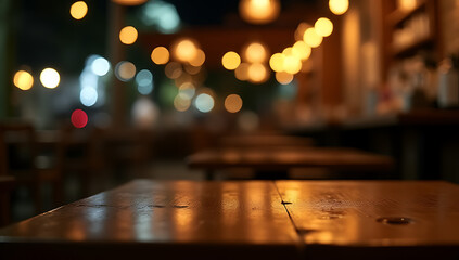 A wood table with a blurred light bokeh effect in a dark night setting of a restaurant or cafe._00002_