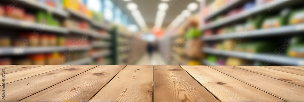 Aufkleber a wood table top with blurred supermarket products in the background conveys a sense of commerce and
