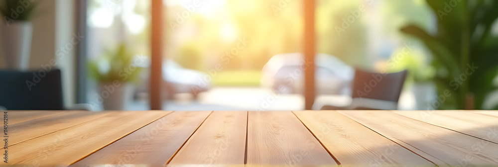 Poster a wood table top with blurred sunlight coming through a glass window is used as a background for pro