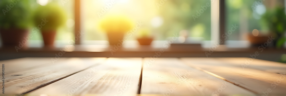 Poster a wood table top with blurred sunlight coming through a glass window is used as a background for pro