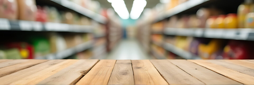 A wood table top with blurred supermarket products in the background conveys a sense of commerce and domesticity in one image._00001_