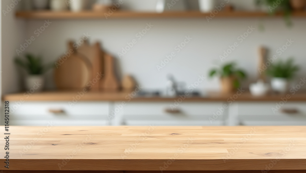 Poster A wood table top with blurred kitchen counter in the background is suitable for a product display or key visual layout._00001_
