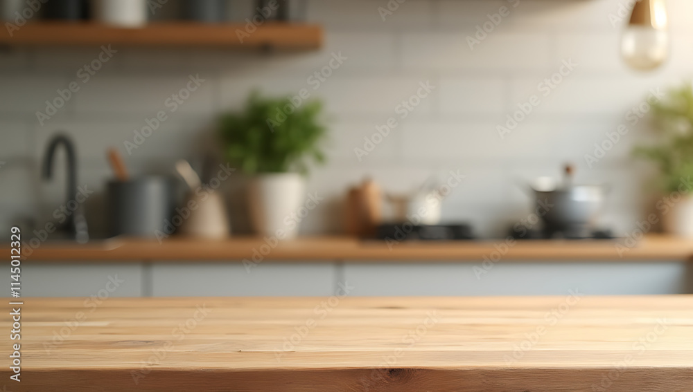 Aufkleber A wood table top with blurred kitchen counter in the background is suitable for a product display or key visual layout._00002_