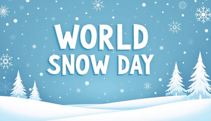Bold dark blue banner celebrating World Snow Day with striking lettering, emphasizing a joyful winter spirit for families to enjoy outdoor festivities.