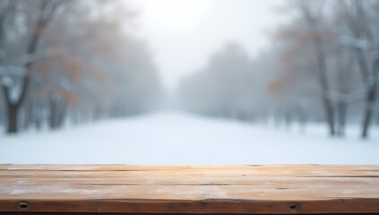 A wood table top sits on a blurred snowy background, ideal for montages and design visual representations during winter season._00002_