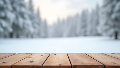A wood table top sits on a blurred snowy background, ideal for montages and design visual representations during winter season._00001_