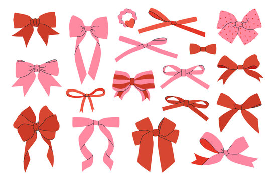 Elegant red and pink ribbons bow for decorate gift for holiday. Set of cute wavy bows vector drawn illustration. Decorative bows of different shapes