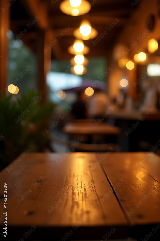 Poster a wood table top on a blurred cafe background features a warm golden light effect in a dark night se