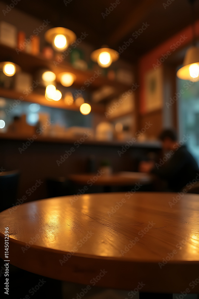 Poster a wood table top on a blurred cafe background features a warm golden light effect in a dark night se
