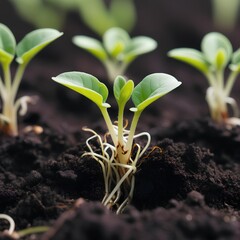 Young green sprout grow out of the rich dark soil with roots visible, plant growth