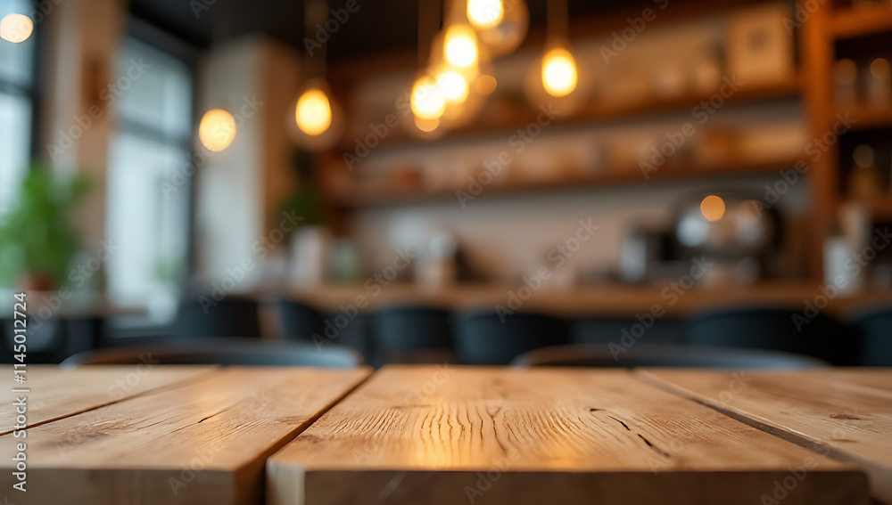 Poster a wood table top is shown in a blurred background of a cafe shop with a light bulb above it._00001_