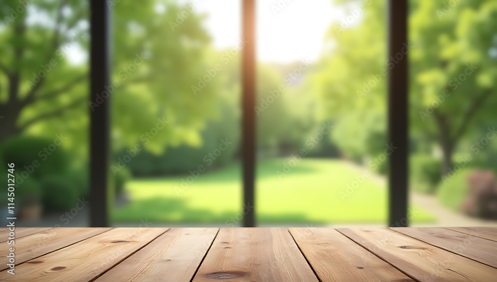 Poster A wood table top is in focus while a large window with a blurred garden and greenery creates a bokeh effect outside._00002_