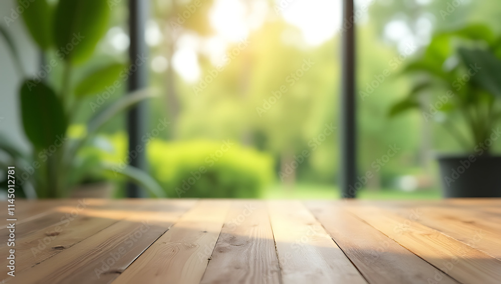 Poster A wood table top is in focus while a large window with a blurred garden and greenery creates a bokeh effect outside._00001_