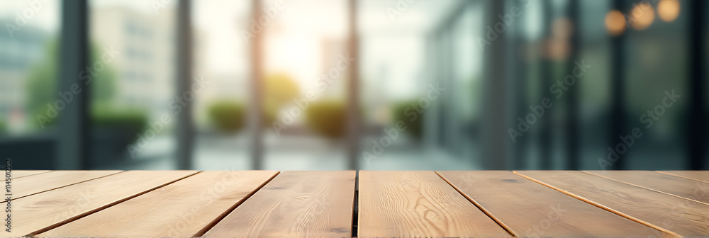 Poster A wood table is centered on a blurred glass wall background, creating an abstract and selective focus effect._00002_