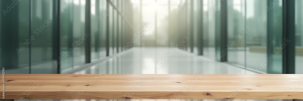 Poster A wood table is centered on a blurred glass wall background, creating an abstract and selective focus effect._00001_