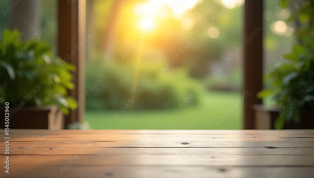 Poster a wood table is centered in a blurred garden scene reflected through a window in the early morning l