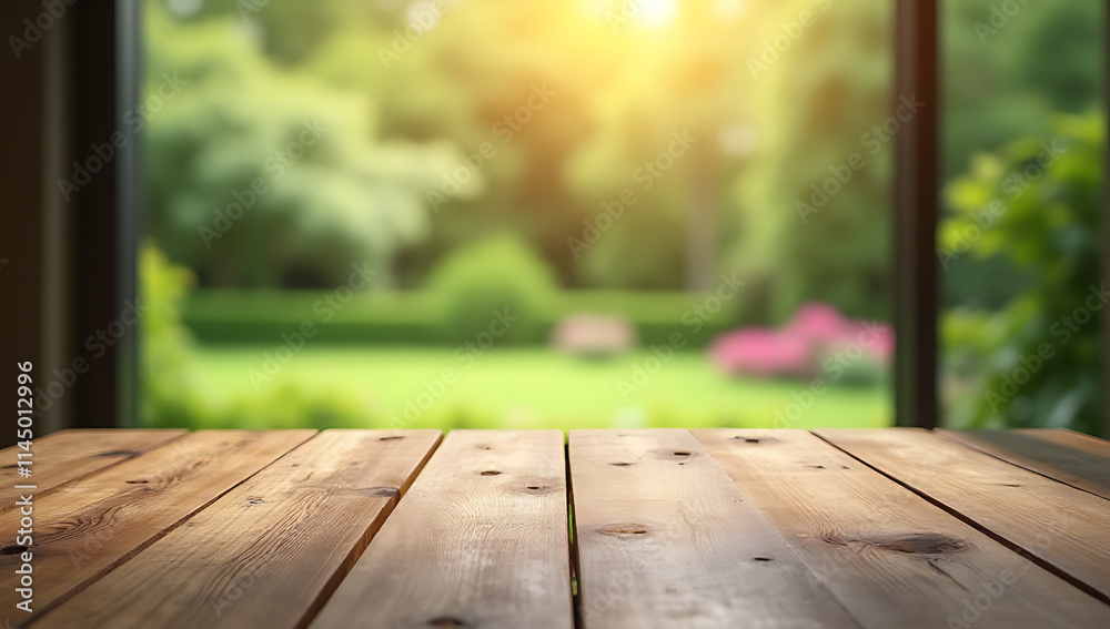 Poster a wood table is centered in a blurred garden scene reflected through a window in the early morning l