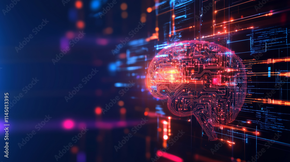Poster neural network visualization with colorful digital brain representation against a dark background sh