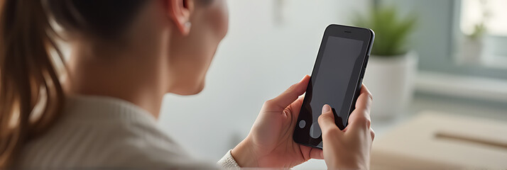 A woman is using her hands to replace a tempered glass shield or screen protector on her smartphone._00003_
