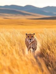 Naklejka premium Cheetah Running Across Sunset Plain Horizon