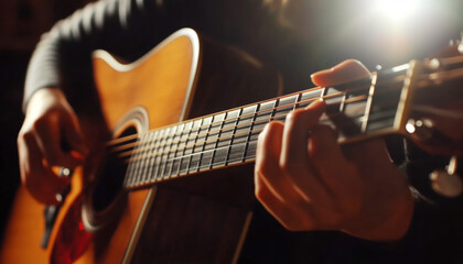 Fototapeta premium Close-up of hands playing acoustic guitar with focus on strings. Warm light enhances cozy atmosphere highlighting craftsmanship, musical passion. Image reflects love for music and creative expression