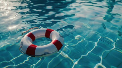 Naklejka premium Lifebuoy floating in a crystal clear swimming pool water, featuring reflective surface and vibrant blue tones, emphasizing safety and relaxation concepts