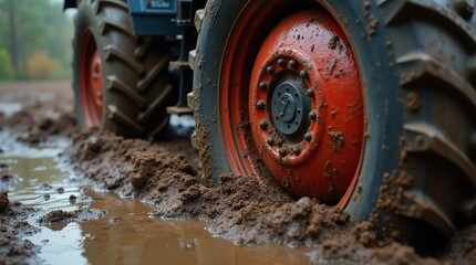 Close-Up of Tractor Tire Stuck in Deep Mud and Puddles