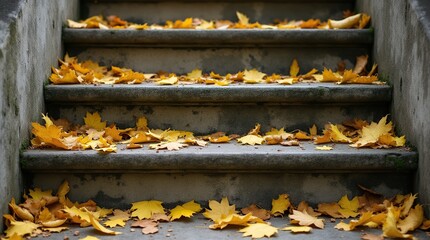 Weathered Concrete Stairs Covered in Autumn Yellow Leaves