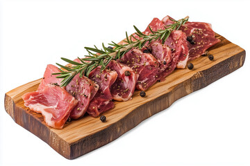 Assorted fresh raw meat cuts with rosemary and pepper arranged on a wooden board, isolated on a white background, emphasizing the quality and appeal of the meat