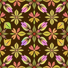 Obraz premium Floral Mandala Pattern: A vibrant and intricate seamless pattern featuring a captivating mandala design with delicate flowers, leaves, and a rich brown background. Perfect for textile, wallpaper.