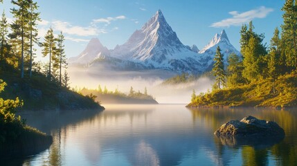 Obraz premium Serene Mountain Landscape with Snow-Capped Peaks, Lush Green Forests, Calm Waters, and Misty Reflections at Dawn in a Tranquil Natural Setting