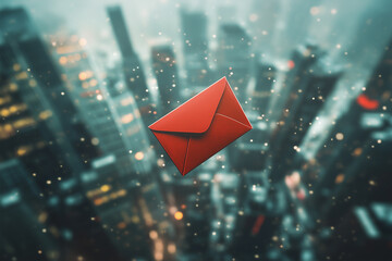 Red Envelope Against an Urban Cityscape – Symbolizing Communication and Messages in a Modern Setting
