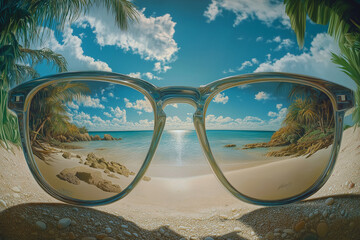 Sonnenbrille im Sand, reflektiert eine tropische Strandkulisse

