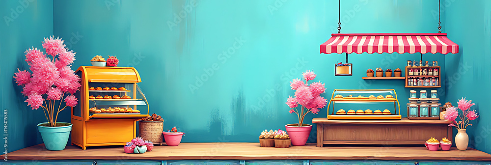 Poster A vibrant abstract art piece featuring a colorful bakery scene set against a soothing blue background with subtle brushstrokes and textures._00001_