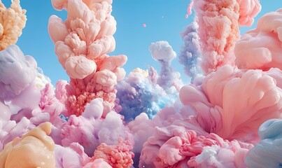 Colorful cloud-like smoke bursts against a clear blue sky.