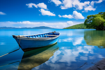 Naklejka premium Charming Antique Boat Anchored amidst Lush Seascape - A Stunning Capture of Maritime Beauty and Tranquil Seashore