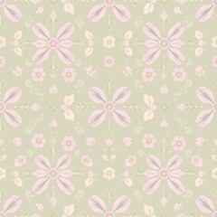 Fototapeta premium Delicate Floral Pattern: This seamless pattern features a captivating array of delicate pink and white flowers on a soft sage green background, creating a calming and elegant aesthetic.