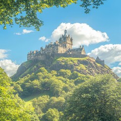 A scenic view of a castle atop a hill surrounded by lush greenery.