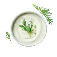 Sour cream sauce or yogurt dip with fresh dill and chopped chives isolated on white background top view healthy creamy salad dressing dairy product or appetizer condiment
