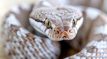 Close-up of a pale snake's head and coils.