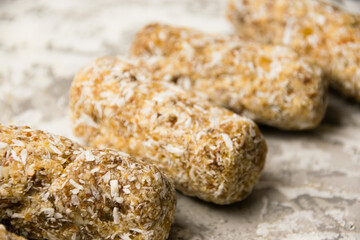 Delicious homemade energy bars without sugar on light background. Diet and healthy eating concept